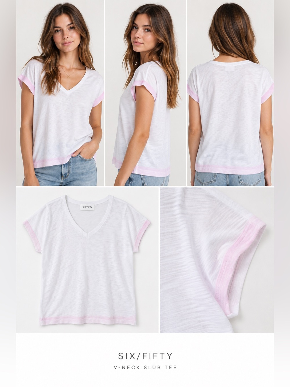 Six/Fifty White & Pink 100% Cotton V-Neck Tee NWT Size Small